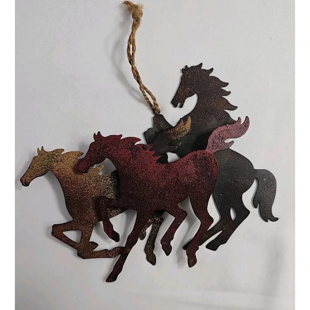 VTG Run/Rearing Wild Horses Cut Metal 3D Hanging Decor Rustic Tones Western 7x7